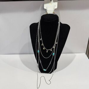 C Silver Tone multi strand layered Necklace with Turquoise and Jasper Accents